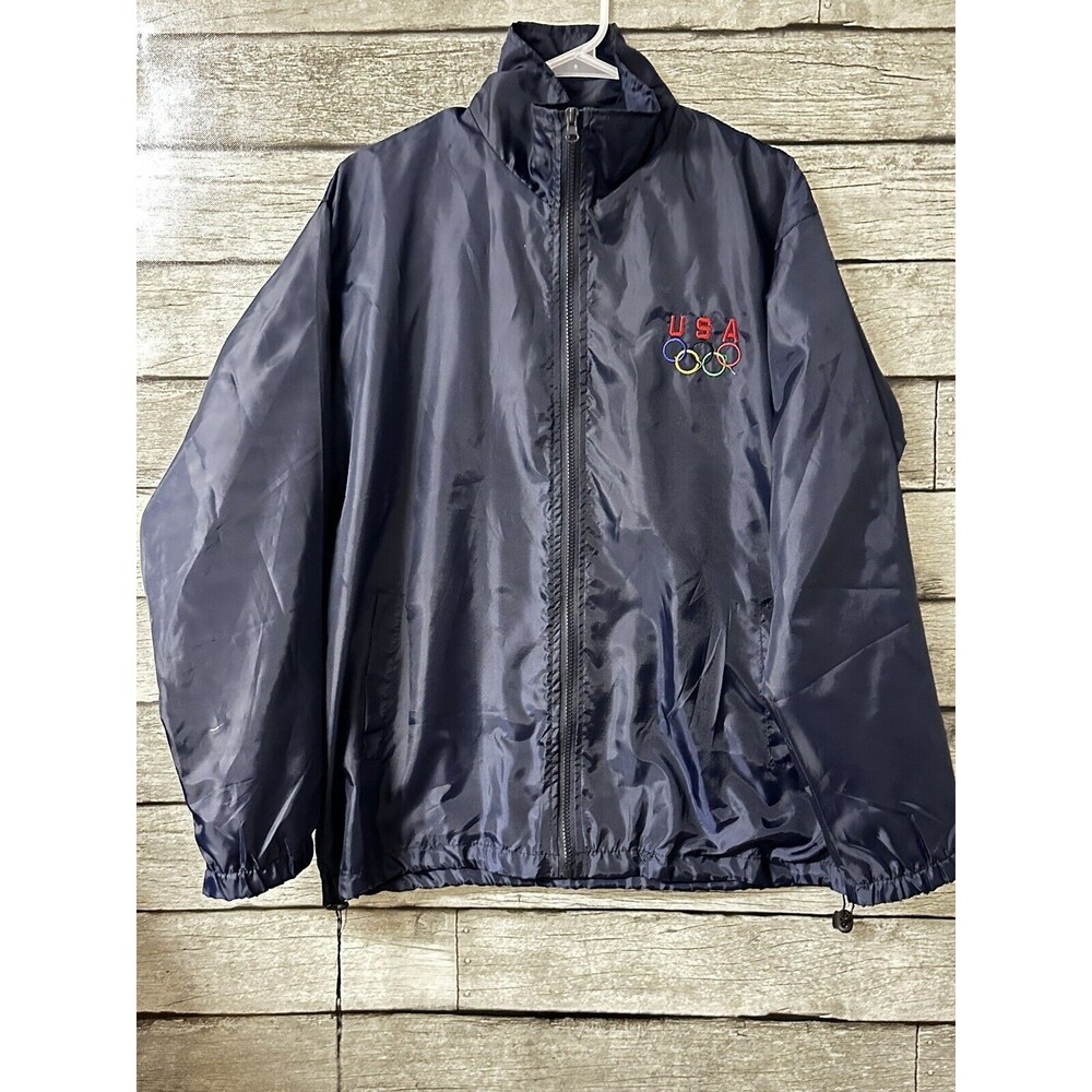 Vintage Olympics Team Windbreaker L Nylon Lite Weight USA Navy Rings Logo